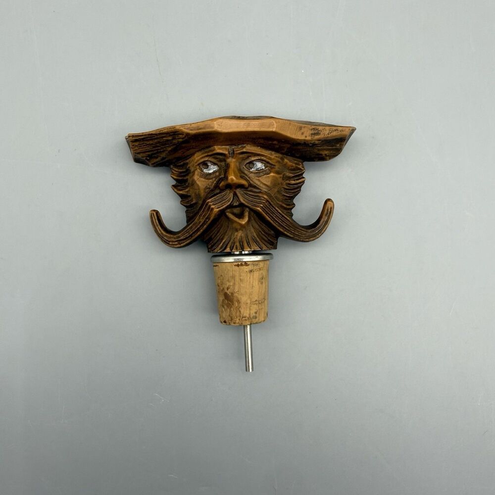 Vintage Hand Carved Wooden Bottle Stopper Folk Art Barware Bearded Man